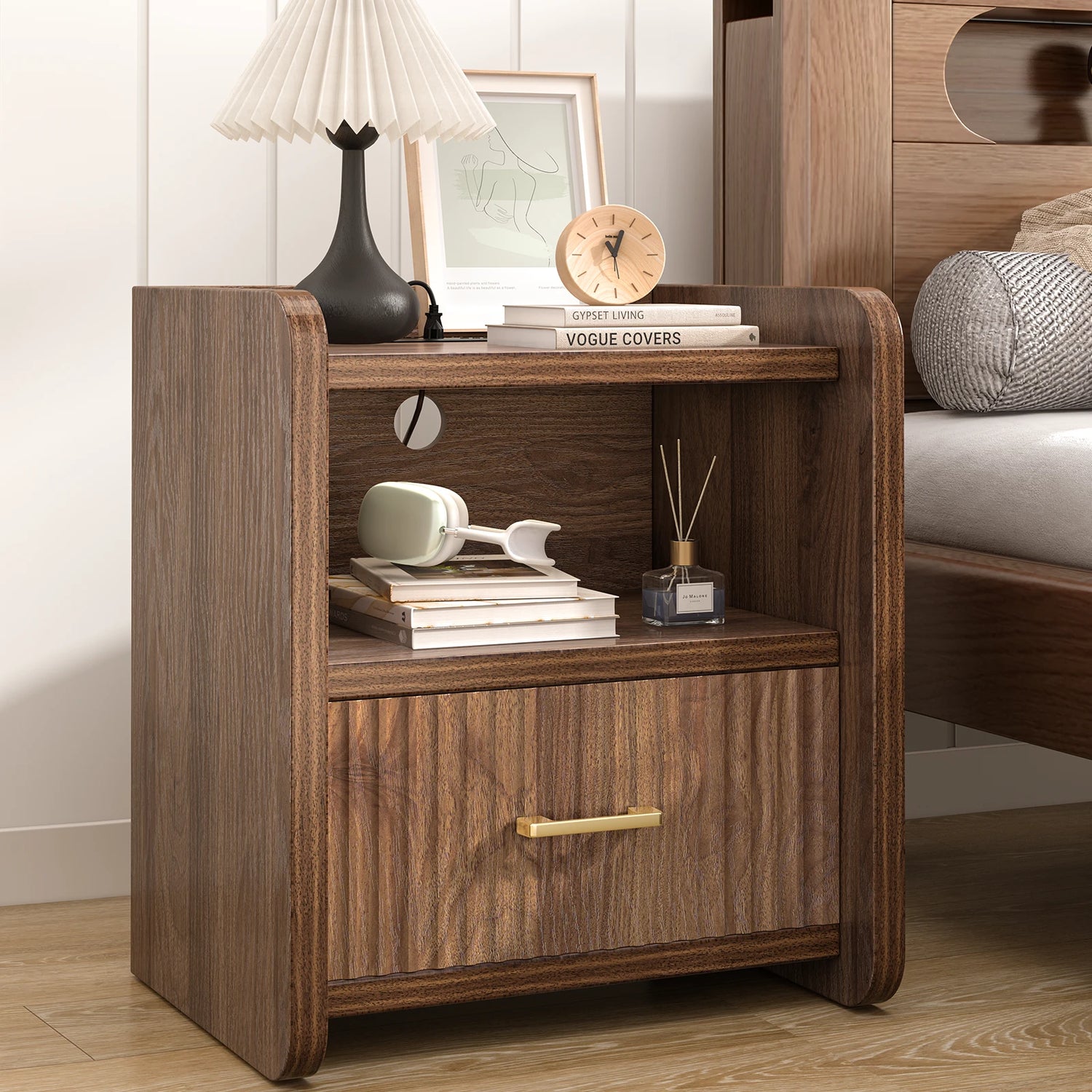 Fluted Nightstand with Charging Station,Wood Bedside Table Night Stand with Drawer and Open Shelf,Modern End Side Table for Bedroom Living Room