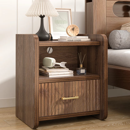 Fluted Nightstand with Charging Station,Wood Bedside Table Night Stand with Drawer and Open Shelf,Modern End Side Table for Bedroom Living Room