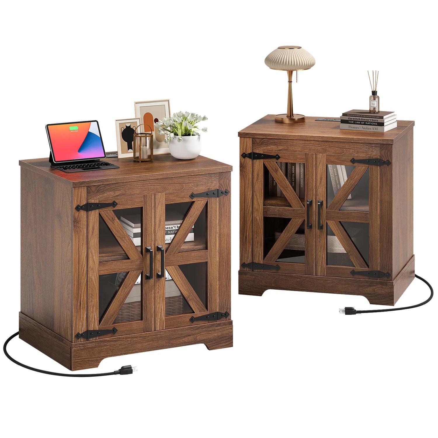 Curlaky Farmhouse Nightstand with Charging Station, Night Stand Side Table with Storage Cabinet, End Table with Adjustable Shelf, Side Tables Bedroom