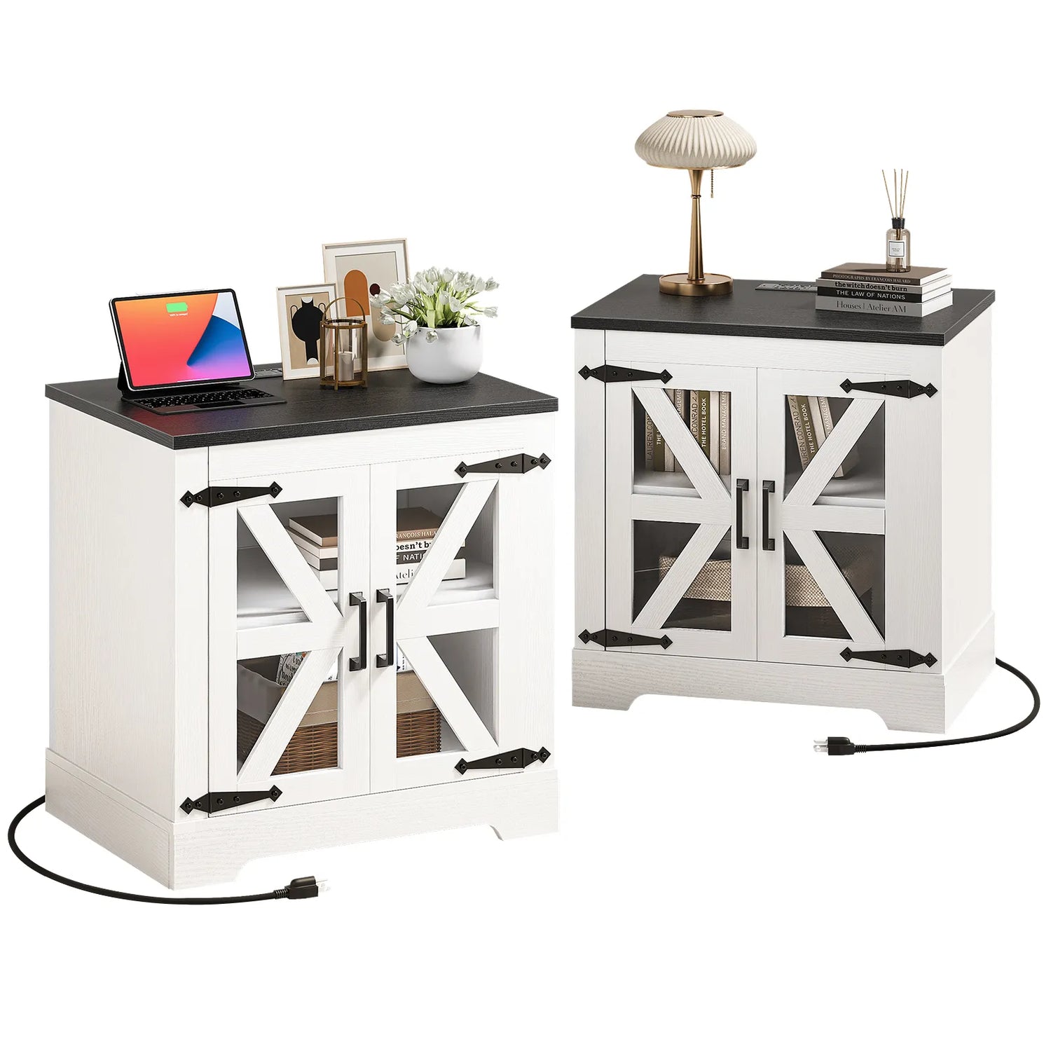 Curlaky Farmhouse Nightstand with Charging Station, Night Stand Side Table with Storage Cabinet, End Table with Adjustable Shelf, Side Tables Bedroom