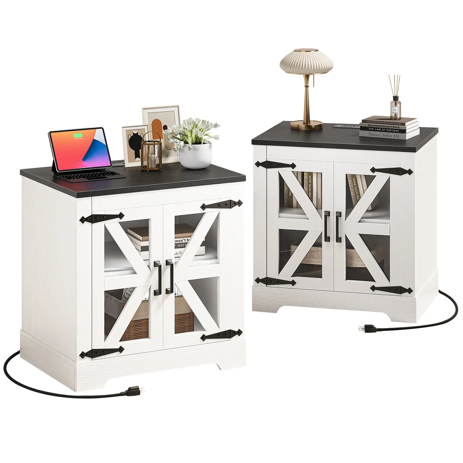 Curlaky Farmhouse Nightstand with Charging Station, Night Stand Side Table with Storage Cabinet, End Table with Adjustable Shelf, Side Tables Bedroom