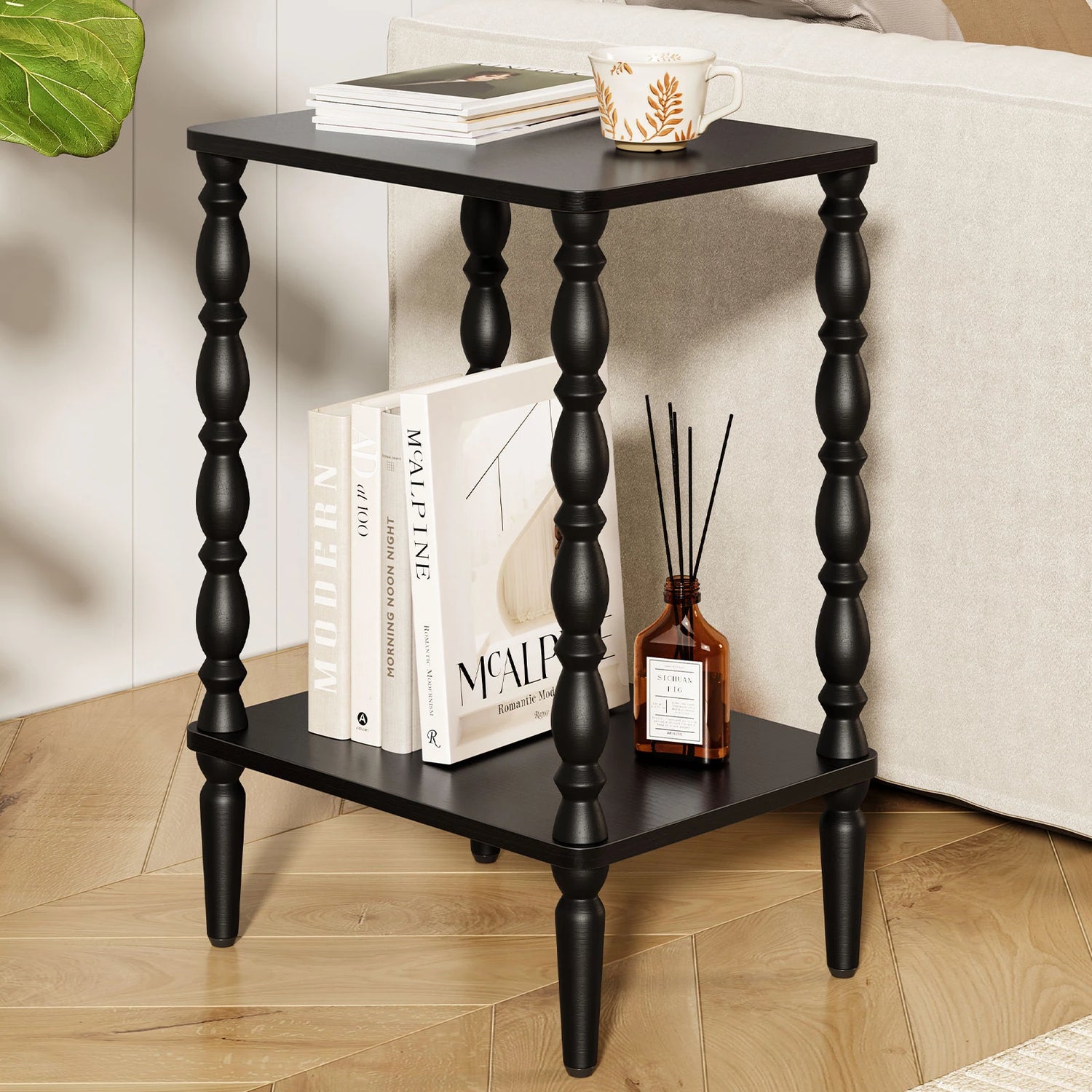 Maliowa 2-Tier Side Table, Small End Table for Living Room Bedroom with Storage Shelf, Vintage Accent Table Nightstand with Spindle Legs