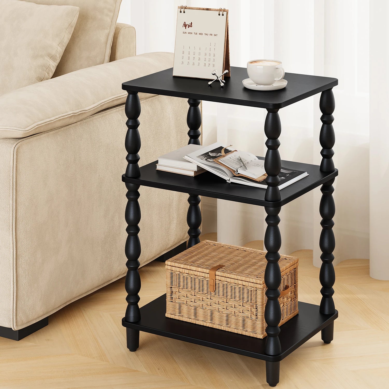 Maliowa Small Side Table with 3-Tier Shelf, Narrow Wood End Table for Small Spaces, Living Room Bedroom