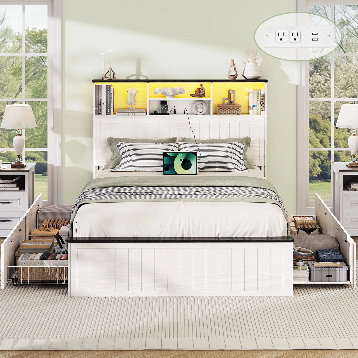 Full Size Bed Frame with Headboard, Farmhouse Wood Full Bed Frame with 4 Storage Drawers, Platform Beds with Charging Station &amp; LED Light