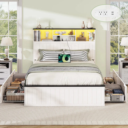 Full Size Bed Frame with Headboard, Farmhouse Wood Full Bed Frame with 4 Storage Drawers, Platform Beds with Charging Station &amp; LED Light