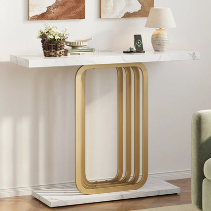 Narrow Console Table with Outlet, Industrial Entryway Table with Unique Base, Small Sofa Table, behind couch table for Entry Way Living Room,White