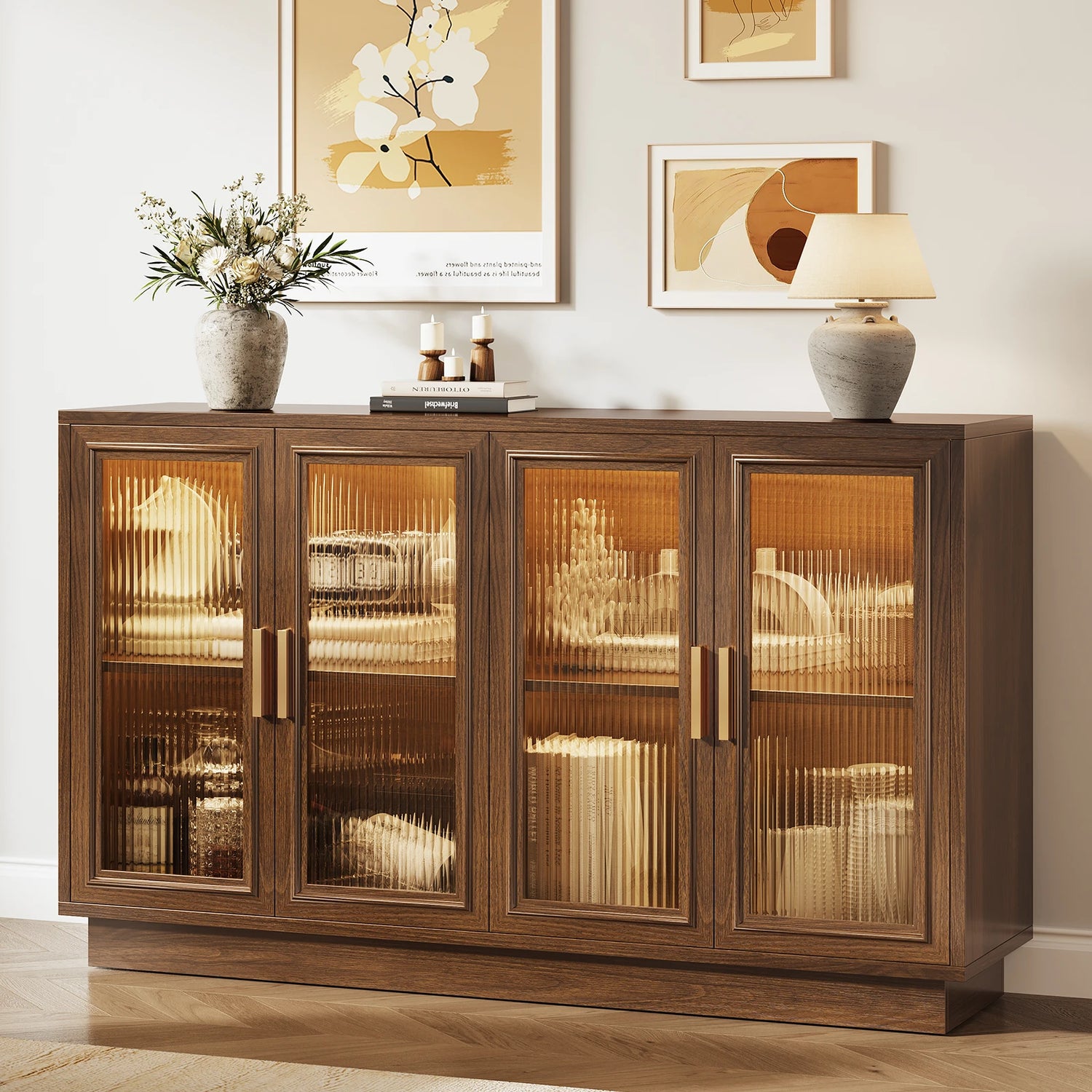 CURLA 55.1" Sideboard Buffet Cabinet with Storage,  Wood Kitchen Cabinet with 4 Fluted Doors, Large Buffet Table, Credenza Coffee Bar for Dining Living Room