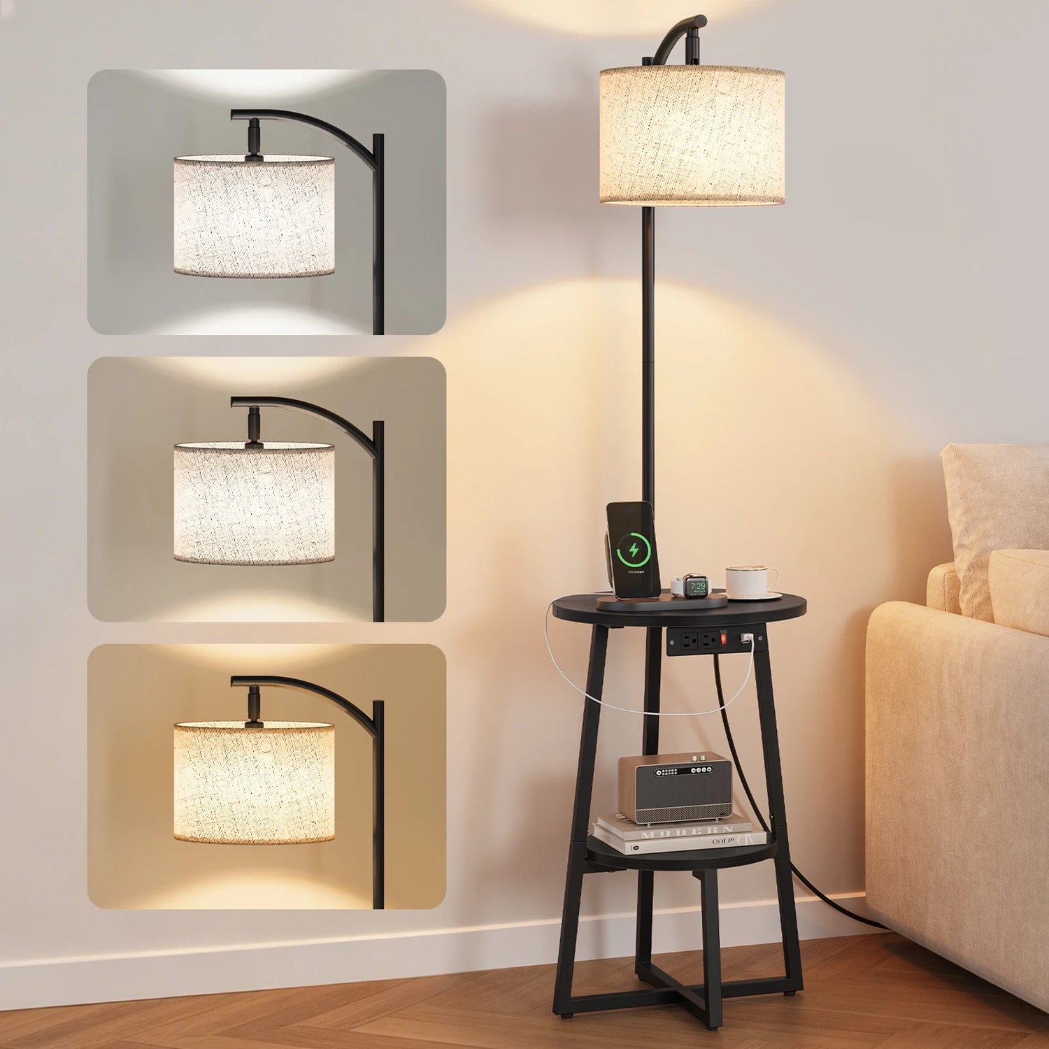 Maliowa Floor Lamp with Table, Attached End Table with Dimmable Lamp &amp; Charging Station, Side Table Lamps for Living Room Bedroom