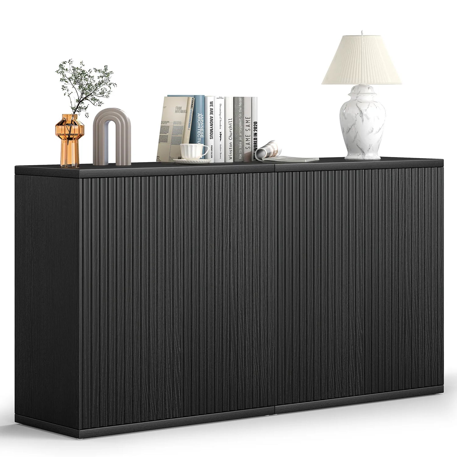 CURLA Set of 2 Fluted Sideboard Buffet Cabinet with Storage, Wood Sideboard Cabinet with Doors, Small Credenza Accent Cabinet for Kitchen, Dining Room