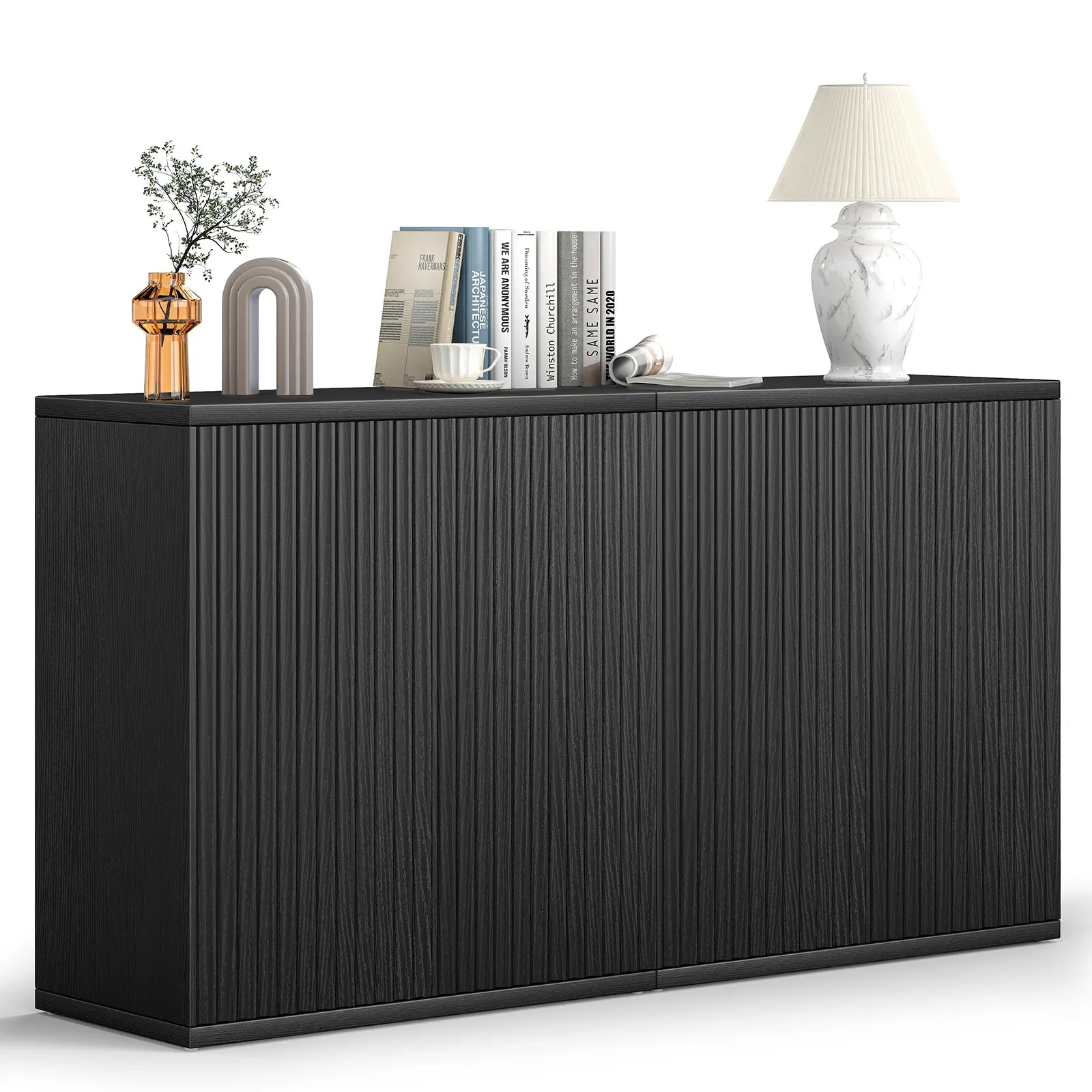 CURLA Set of 2 Fluted Sideboard Buffet Cabinet with Storage, Wood Sideboard Cabinet with Doors, Small Credenza Accent Cabinet for Kitchen, Dining Room