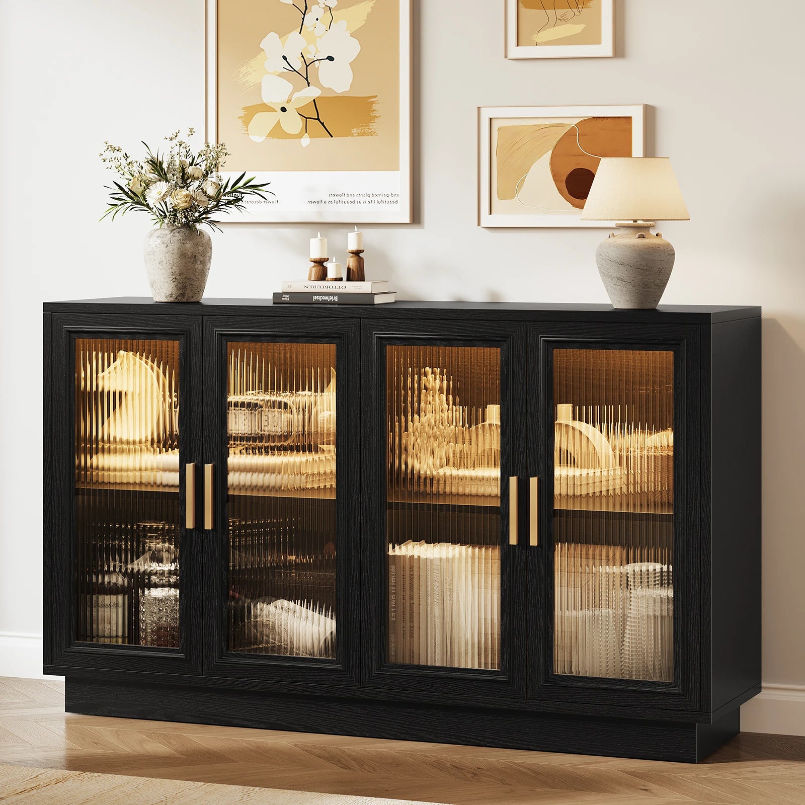 CURLA 55.1" Sideboard Buffet Cabinet with Storage,  Wood Kitchen Cabinet with 4 Fluted Doors, Large Buffet Table, Credenza Coffee Bar for Dining Living Room