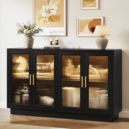 CURLA 55.1" Sideboard Buffet Cabinet with Storage,  Wood Kitchen Cabinet with 4 Fluted Doors, Large Buffet Table, Credenza Coffee Bar for Dining Living Room