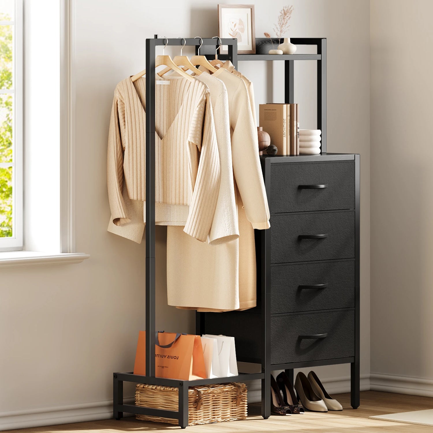 Yoob Small Dresser with Hanging Rack - Small Closet with 4 Fabric Storage Drawers, Chest of Drawer for Bedroom Entryway Dorm