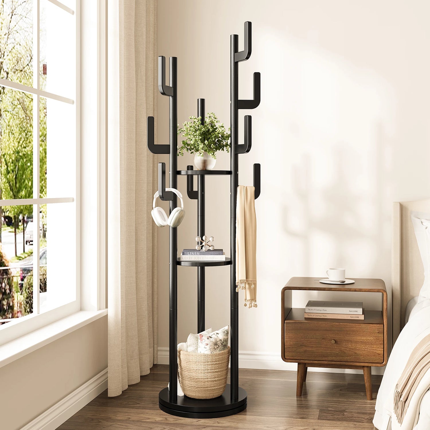 Rotary Coat Rack Freestanding, Solid Wood Coat Tree with 9 Hooks &amp; 3 Open Shelves for Corner, Entryway, Hall Tree for Purse, Bag, Jacket, Hat
