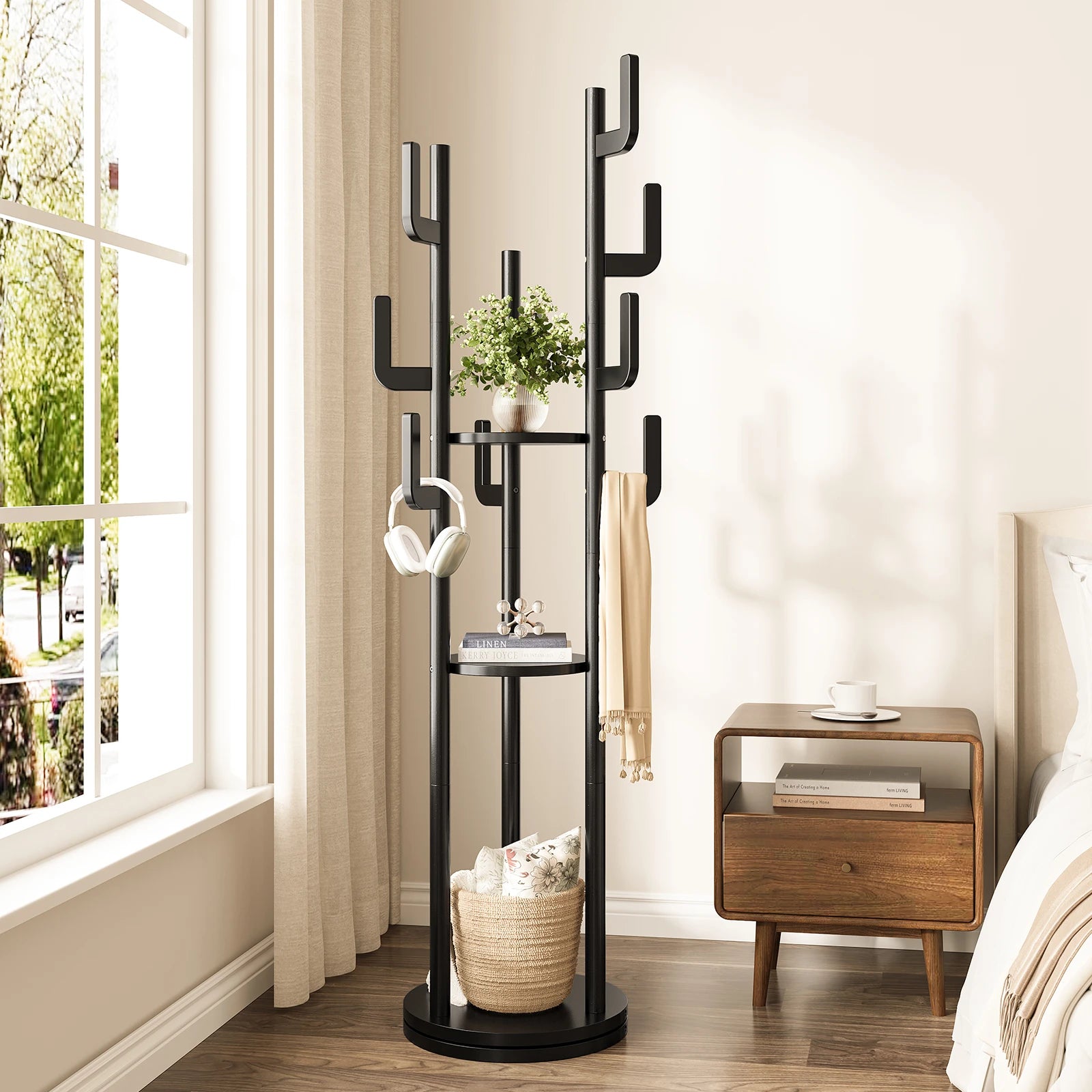 Rotary Coat Rack Freestanding, Solid Wood Coat Tree with 9 Hooks &amp; 3 Open Shelves for Corner, Entryway, Hall Tree for Purse, Bag, Jacket, Hat