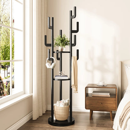 Rotary Coat Rack Freestanding, Solid Wood Coat Tree with 9 Hooks &amp; 3 Open Shelves for Corner, Entryway, Hall Tree for Purse, Bag, Jacket, Hat
