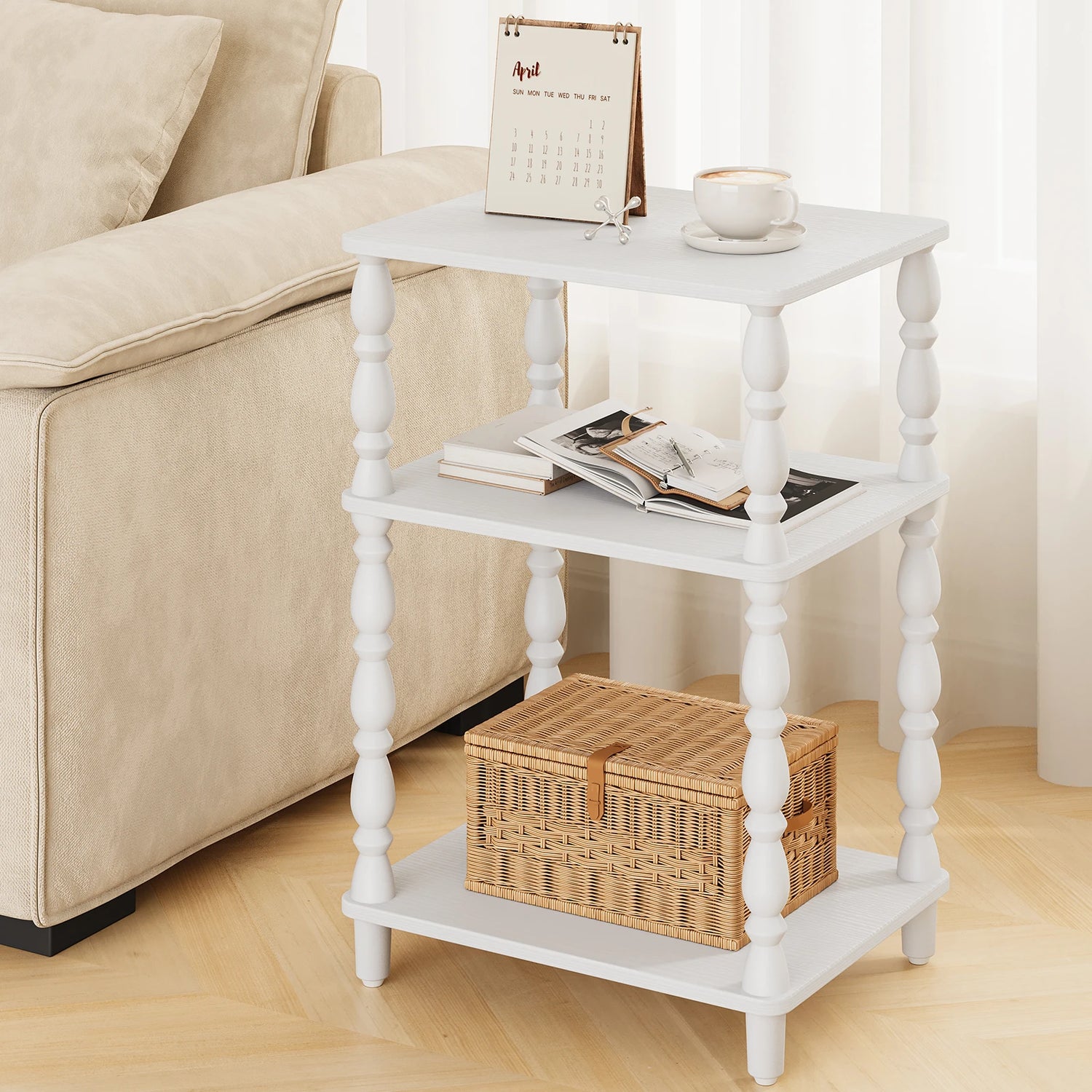 Maliowa Small Side Table with 3-Tier Shelf, Narrow Wood End Table for Small Spaces, Living Room Bedroom