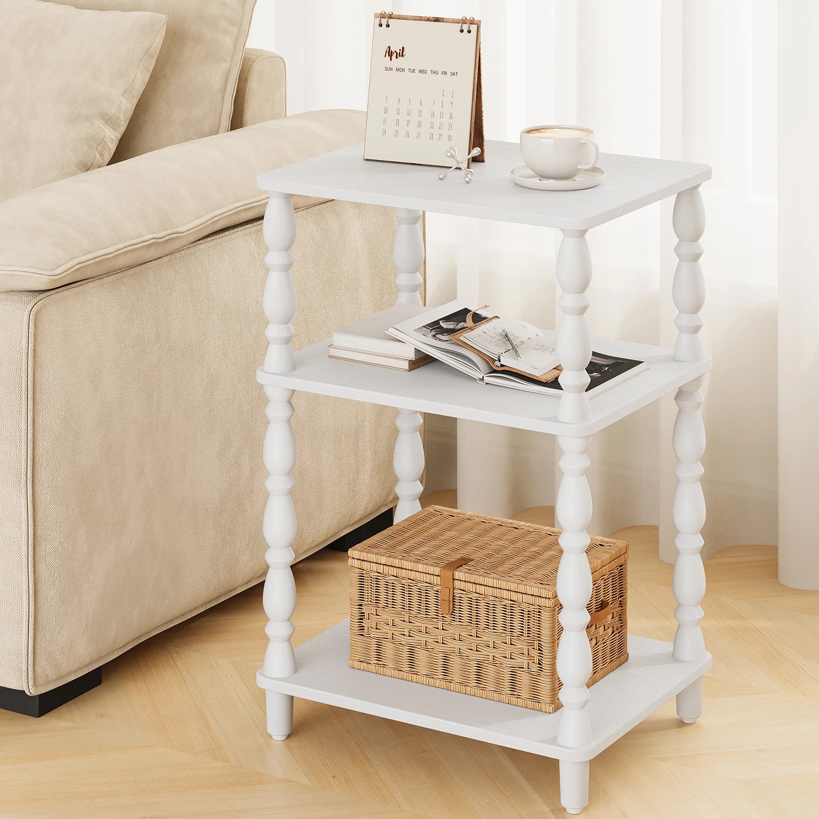 Maliowa Small Side Table with 3-Tier Shelf, Narrow Wood End Table for Small Spaces, Living Room Bedroom