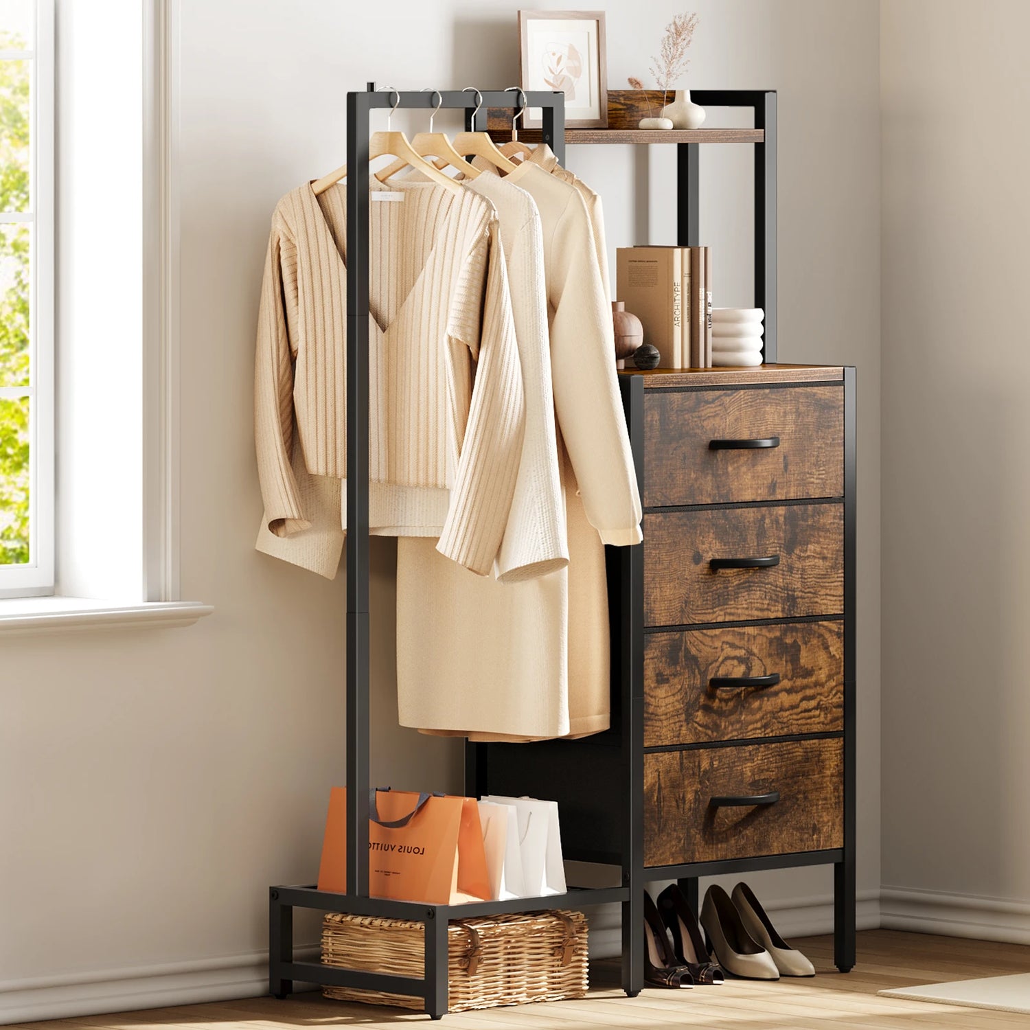 Yoob Small Dresser with Hanging Rack - Small Closet with 4 Fabric Storage Drawers, Chest of Drawer for Bedroom Entryway Dorm