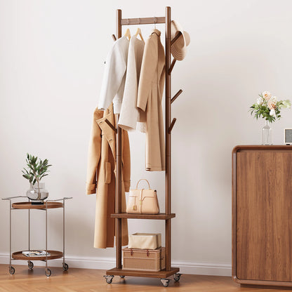 Solid Wood Coat Rack Freestanding, Rolling Clothes Rack with Wheels, Clothing Rack with 8 Hooks &amp; Shelevs, Clothing Racks for Hanging Clothes