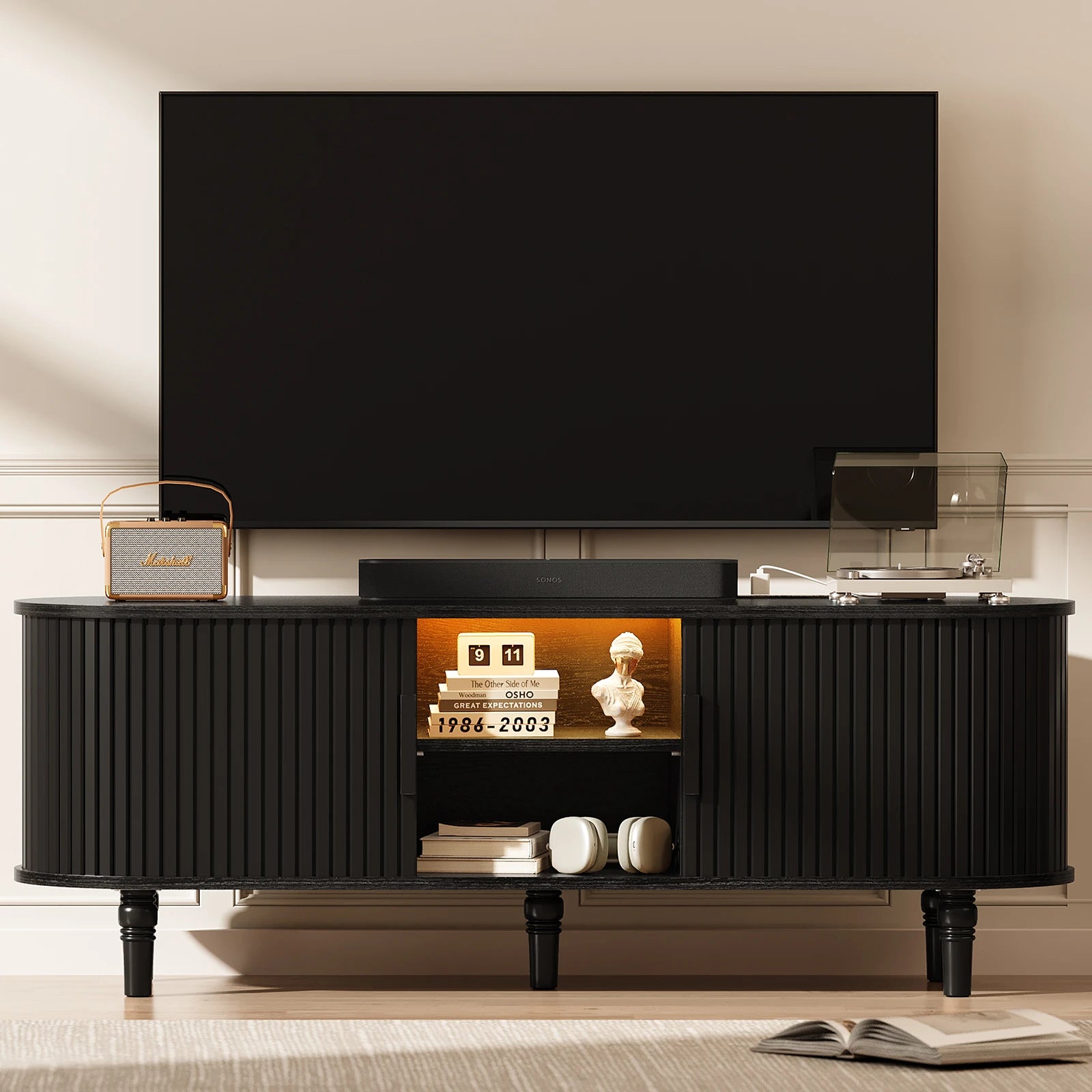 CURLA 55" TV Stand with Power Outlet, Entertainment Center with Sliding Tambour Door, Modern TV Stands for Living Room Bedroom, LED Media Console