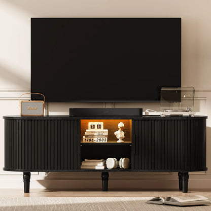 CURLA 55" TV Stand with Power Outlet, Entertainment Center with Sliding Tambour Door, Modern TV Stands for Living Room Bedroom, LED Media Console