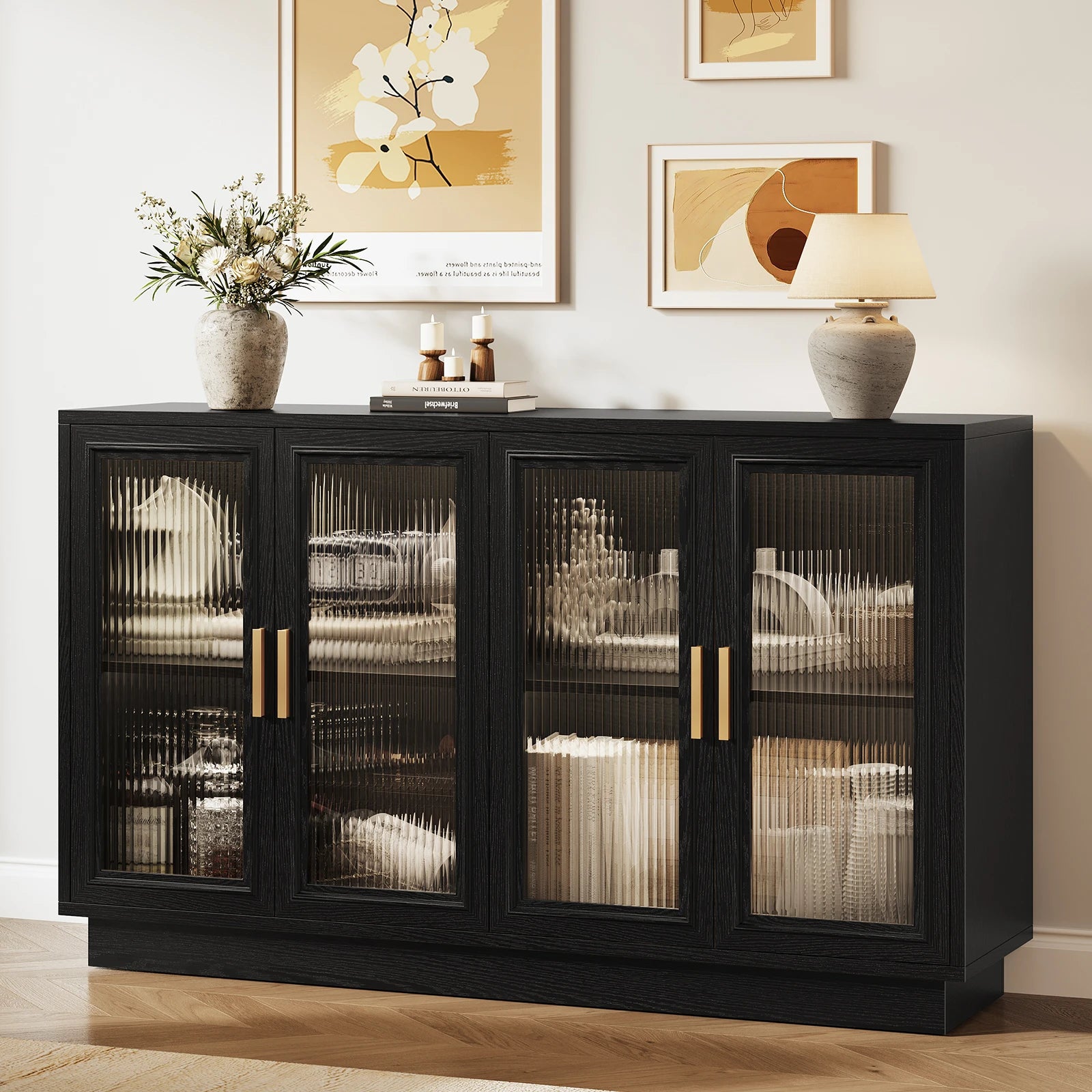CURLA 55.1" Sideboard Buffet Cabinet with Storage,  Wood Kitchen Cabinet with 4 Fluted Doors, Large Buffet Table, Credenza Coffee Bar for Dining Living Room