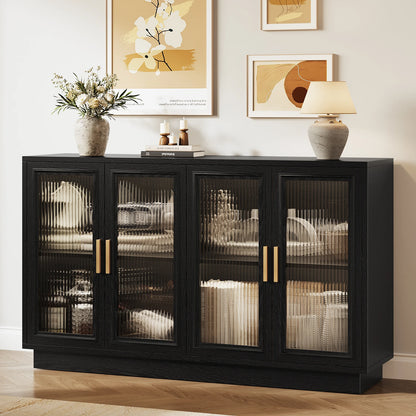 CURLA 55.1" Sideboard Buffet Cabinet with Storage,  Wood Kitchen Cabinet with 4 Fluted Doors, Large Buffet Table, Credenza Coffee Bar for Dining Living Room