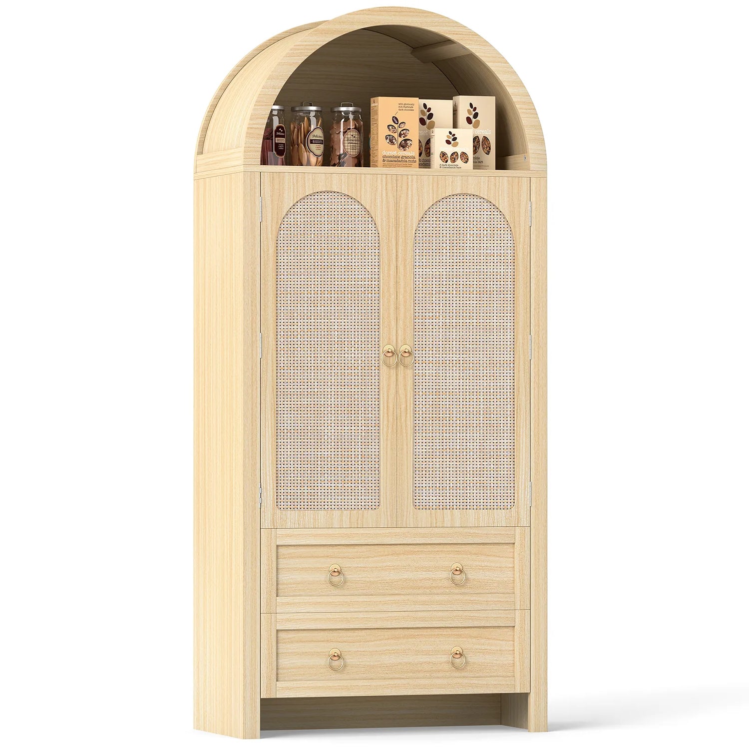 71" Tall Arched Kitchen Pantry Storage Cabinet, Food Pantry Cabinet Bookshelf with 2 Drawers, Wood Storage Cabinets with Door for Dining Room, Living Room
