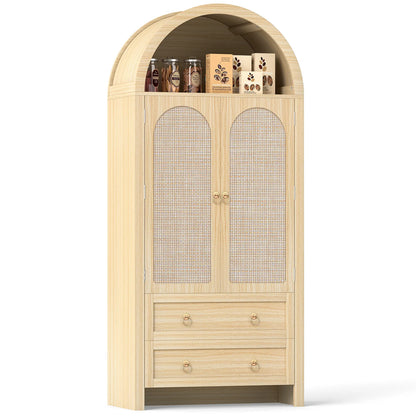 71" Tall Arched Kitchen Pantry Storage Cabinet, Food Pantry Cabinet Bookshelf with 2 Drawers, Wood Storage Cabinets with Door for Dining Room, Living Room