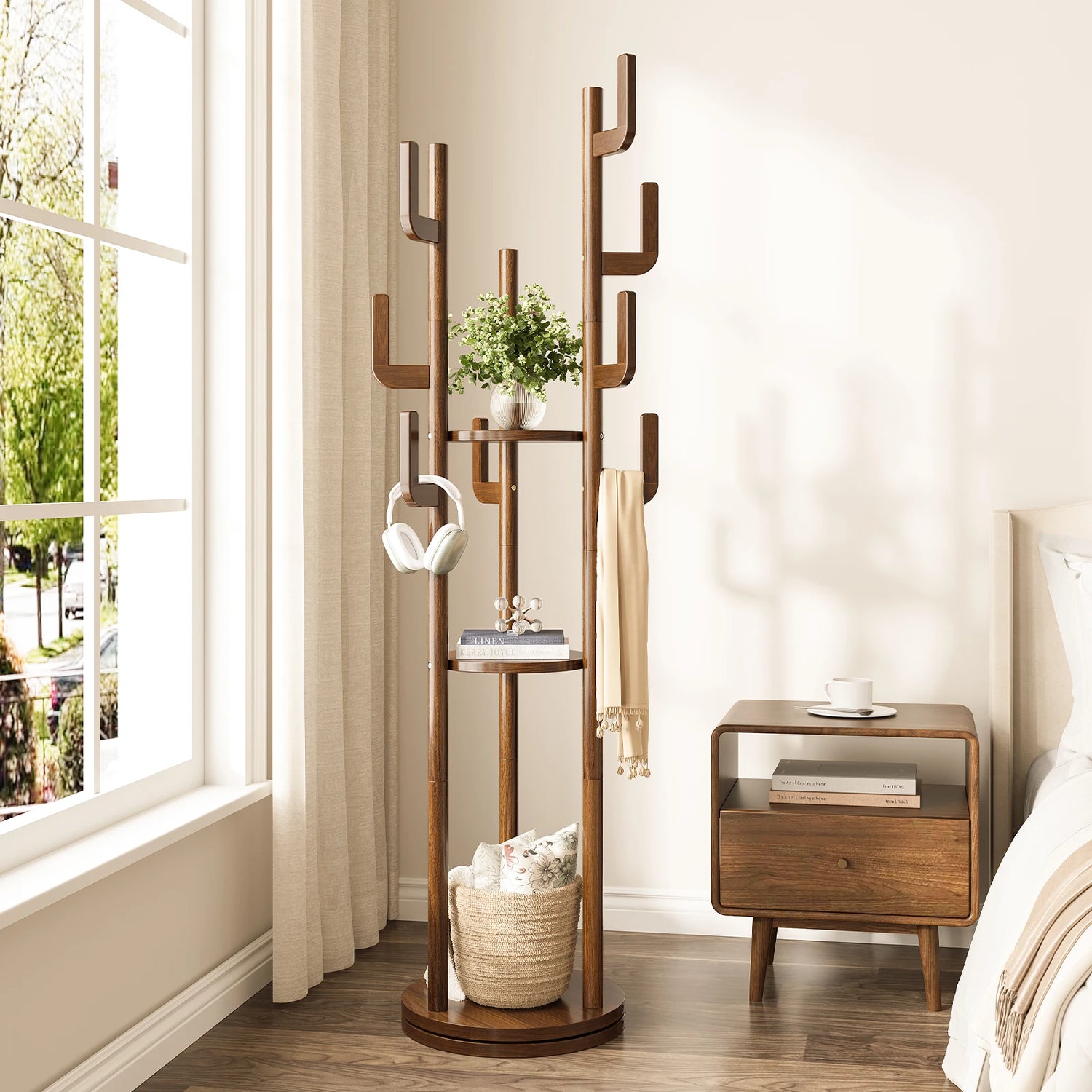 Rotary Coat Rack Freestanding, Solid Wood Coat Tree with 9 Hooks &amp; 3 Open Shelves for Corner, Entryway, Hall Tree for Purse, Bag, Jacket, Hat