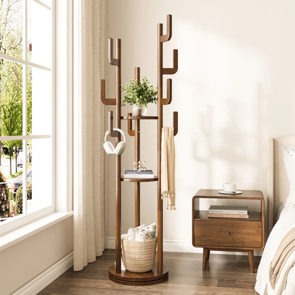 Rotary Coat Rack Freestanding, Solid Wood Coat Tree with 9 Hooks &amp; 3 Open Shelves for Corner, Entryway, Hall Tree for Purse, Bag, Jacket, Hat