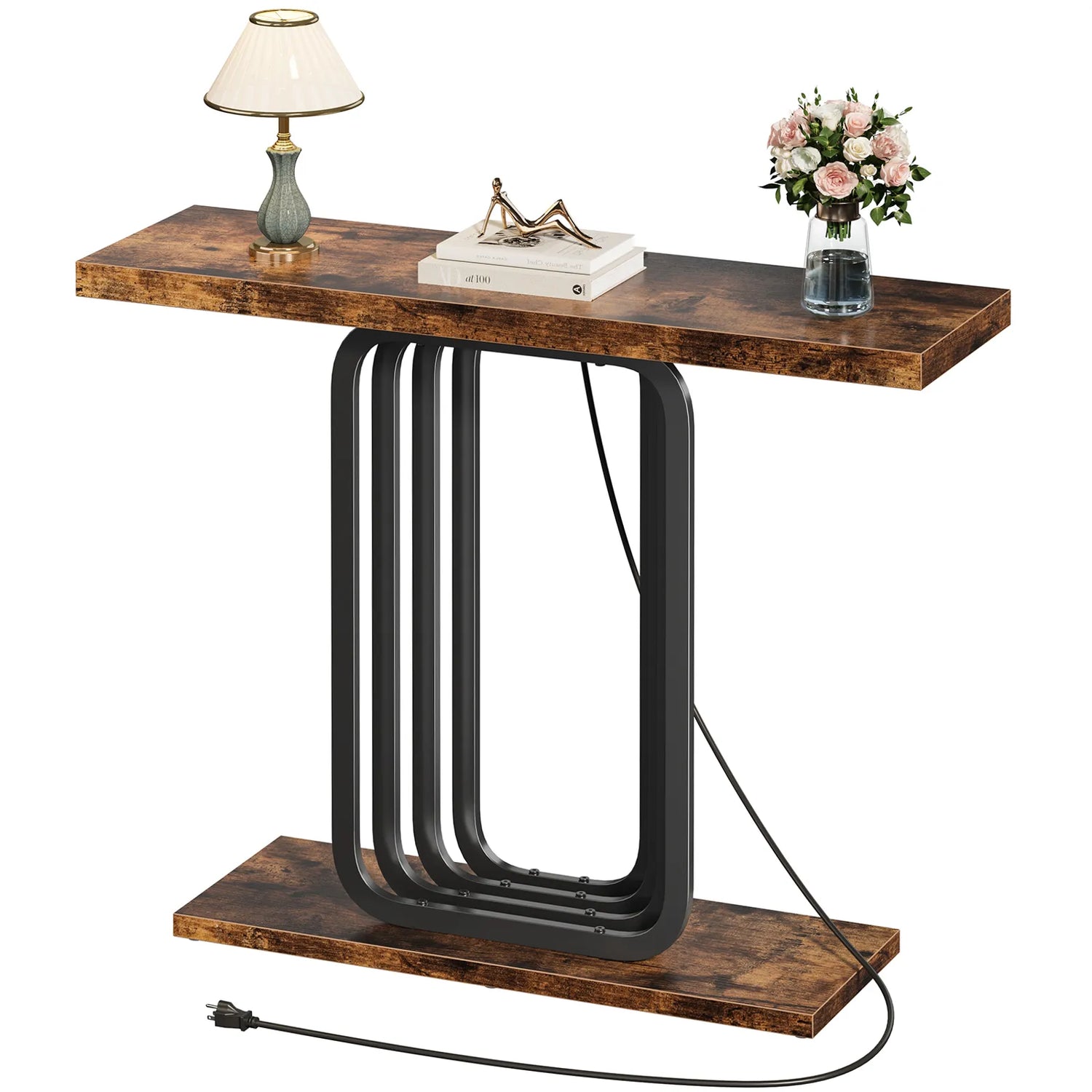 Narrow Console Table with Outlet, Industrial Entryway Table with Unique Base, Small Sofa Table, behind couch table for Entry Way Living Room,Brown