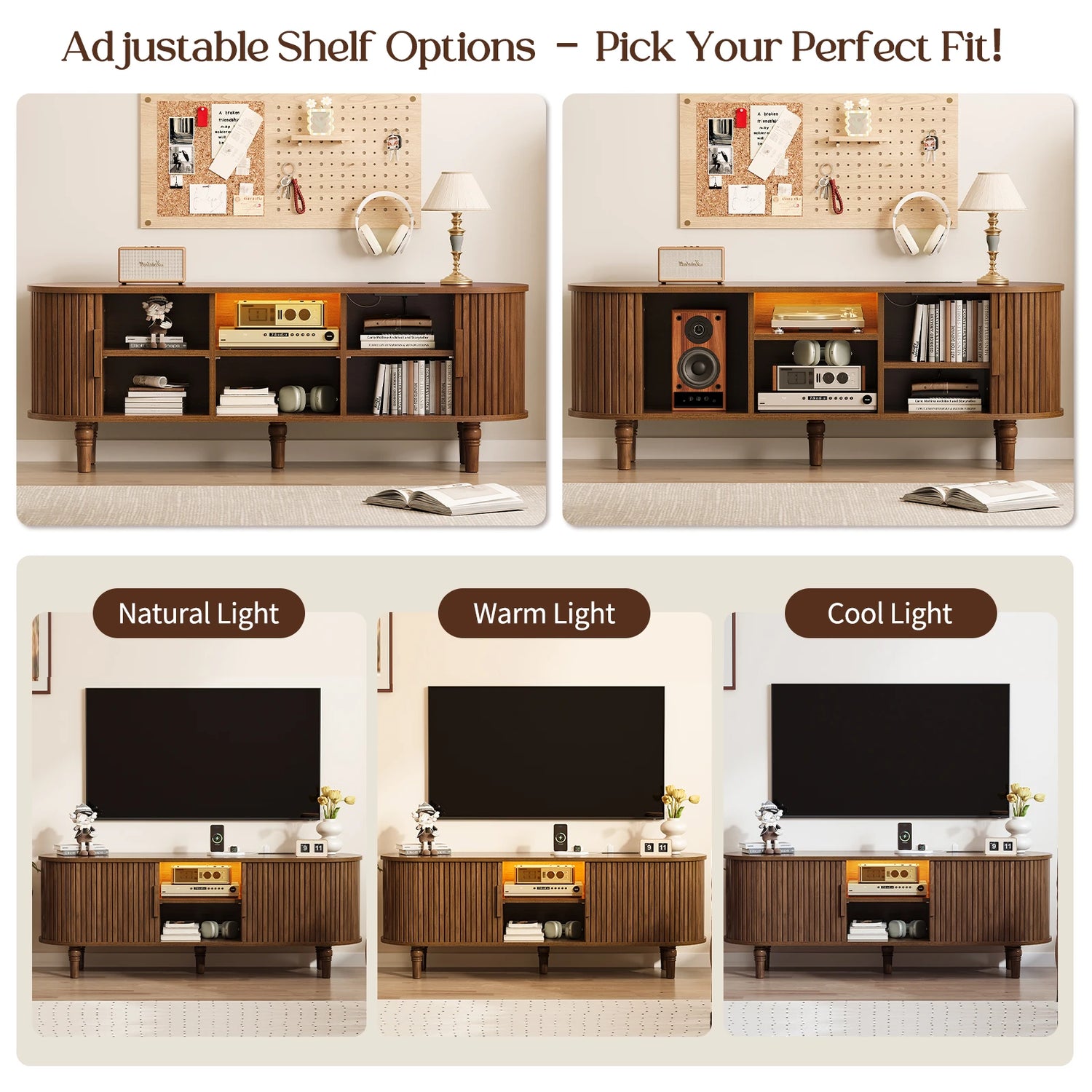 CURLA 55" TV Stand with Power Outlet, Entertainment Center with Sliding Tambour Door, Modern TV Stands for Living Room Bedroom, LED Media Console