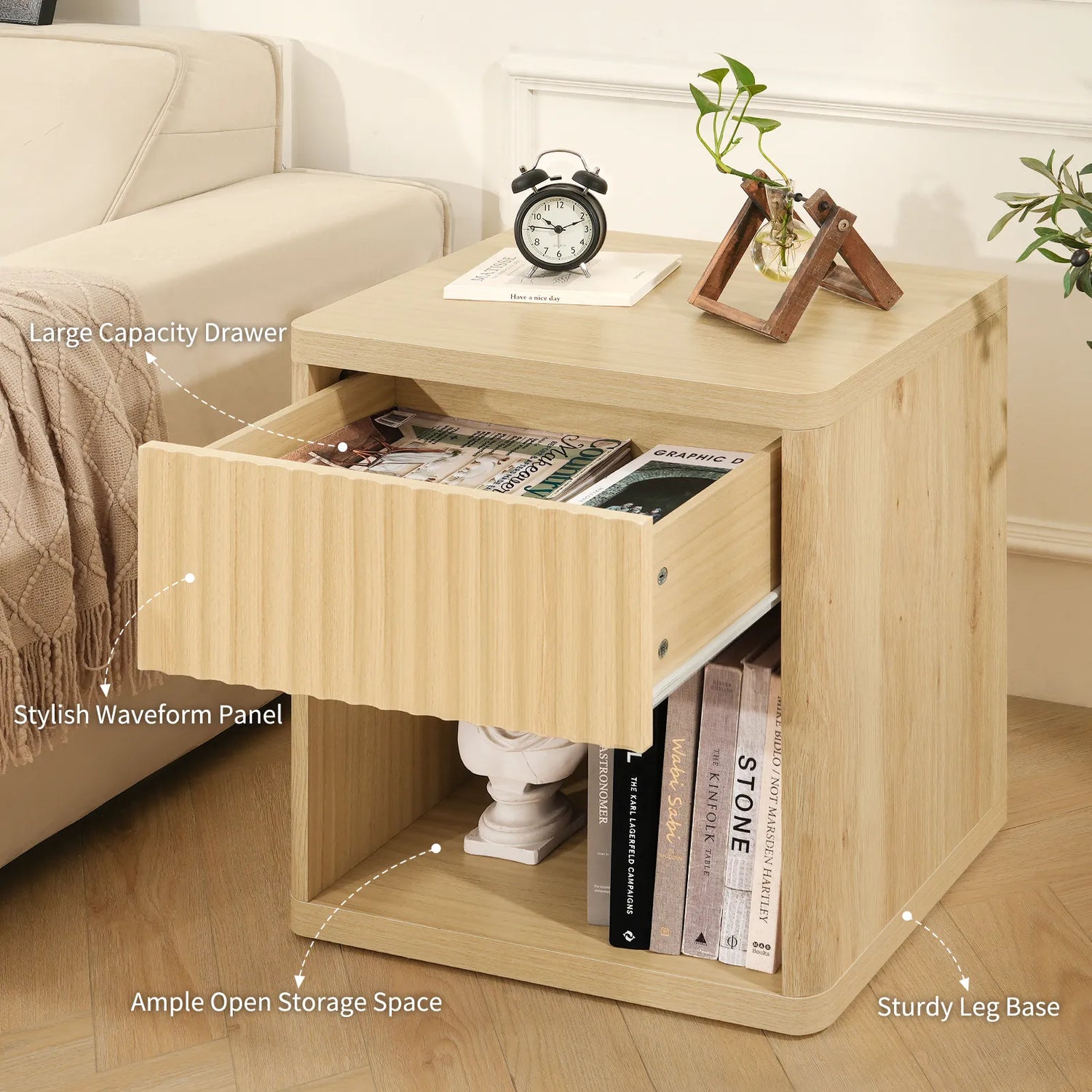 CURLA Fluted Nightstand with Drawer and Storage