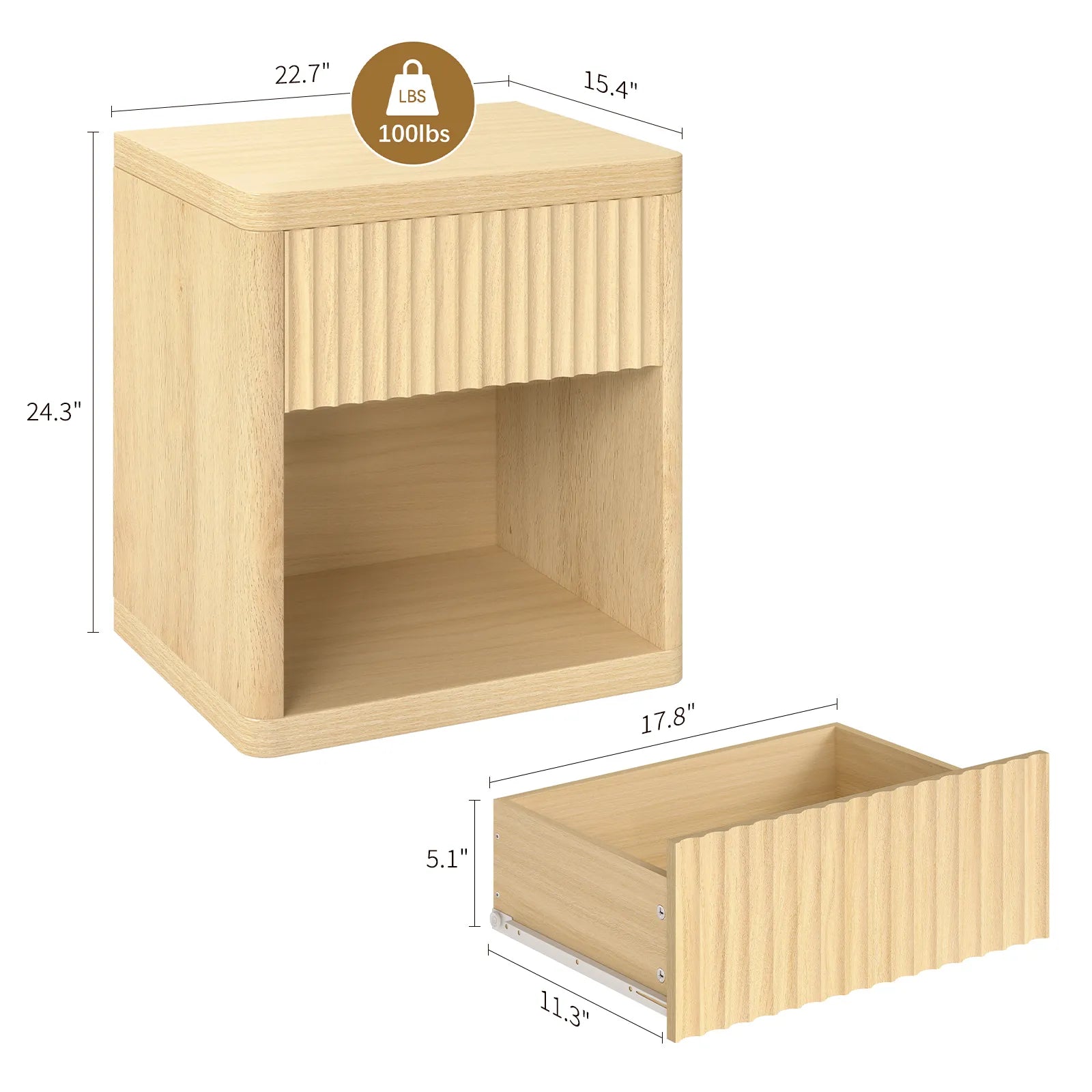 CURLA Fluted Nightstand with Drawer and Storage