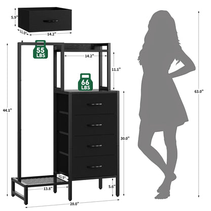 Yoob Small Dresser with Hanging Rack - Small Closet with 4 Fabric Storage Drawers, Chest of Drawer for Bedroom Entryway Dorm