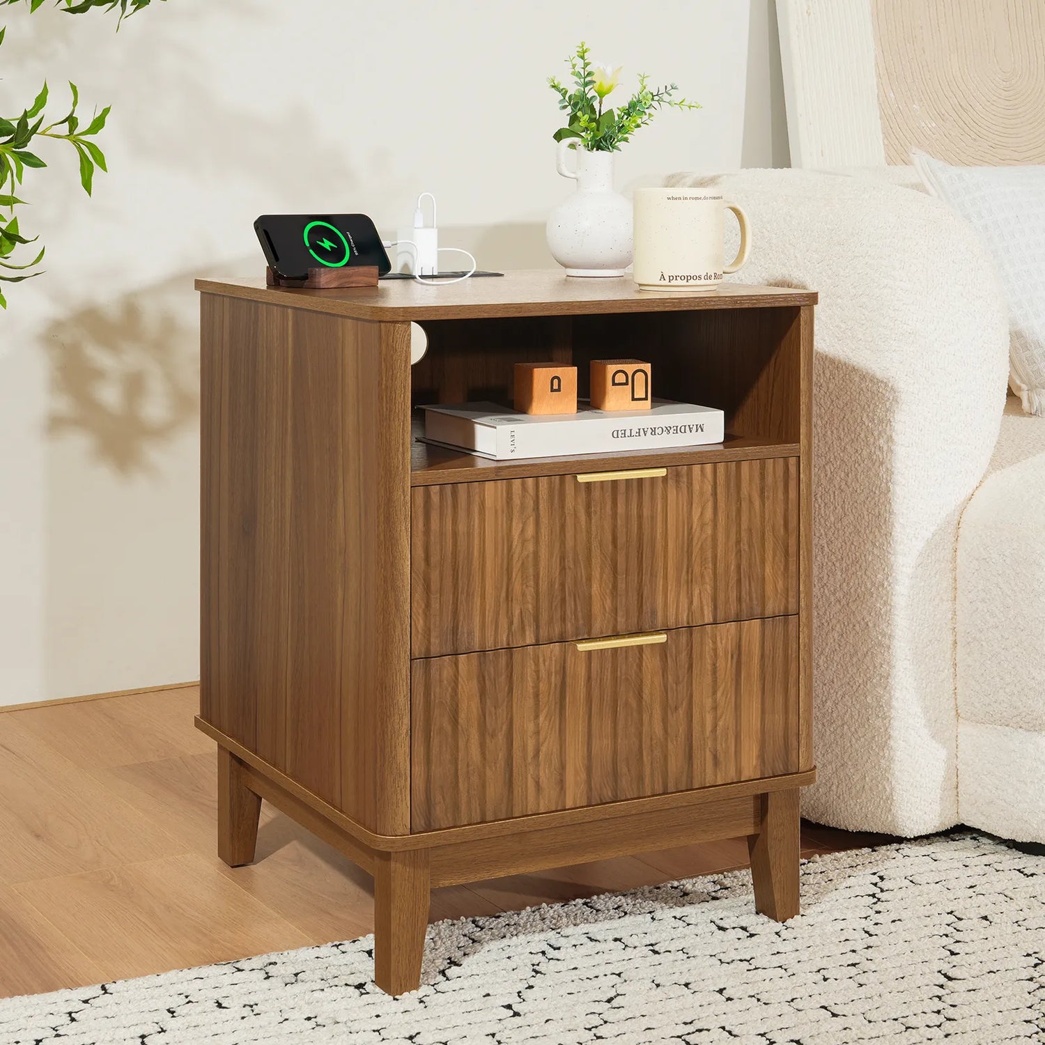 Night Stand with Charger Station, Fluted Nightstand with 2 Drawers and Storage Shelf, Mid Century Modern End Table for Bedroom Living Room
