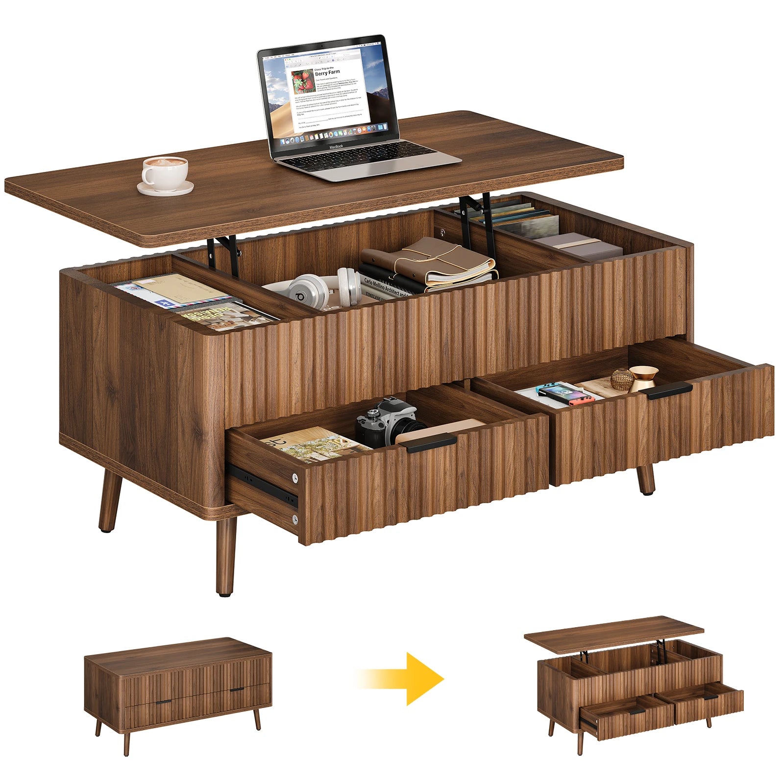 Lift Top Coffee Table with Storage, Wood Coffee Tables for Living Room with Drawers &amp; Hidden Compartment, Mid Century Modern Center Table，Walnut