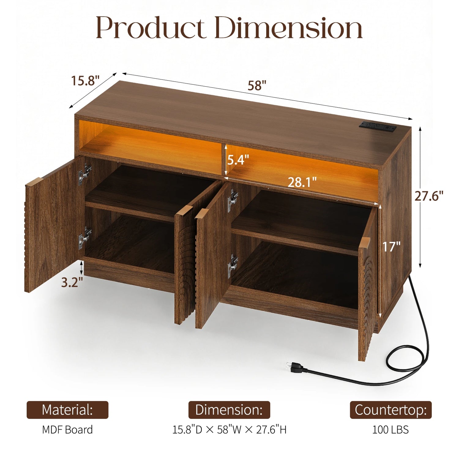 CURLA 58" Fluted TV Stand with Power Outlet, LED TV Stands with Storage &amp; Adjustable Shelf, Entertainment Center  for Living Room, Mid Century