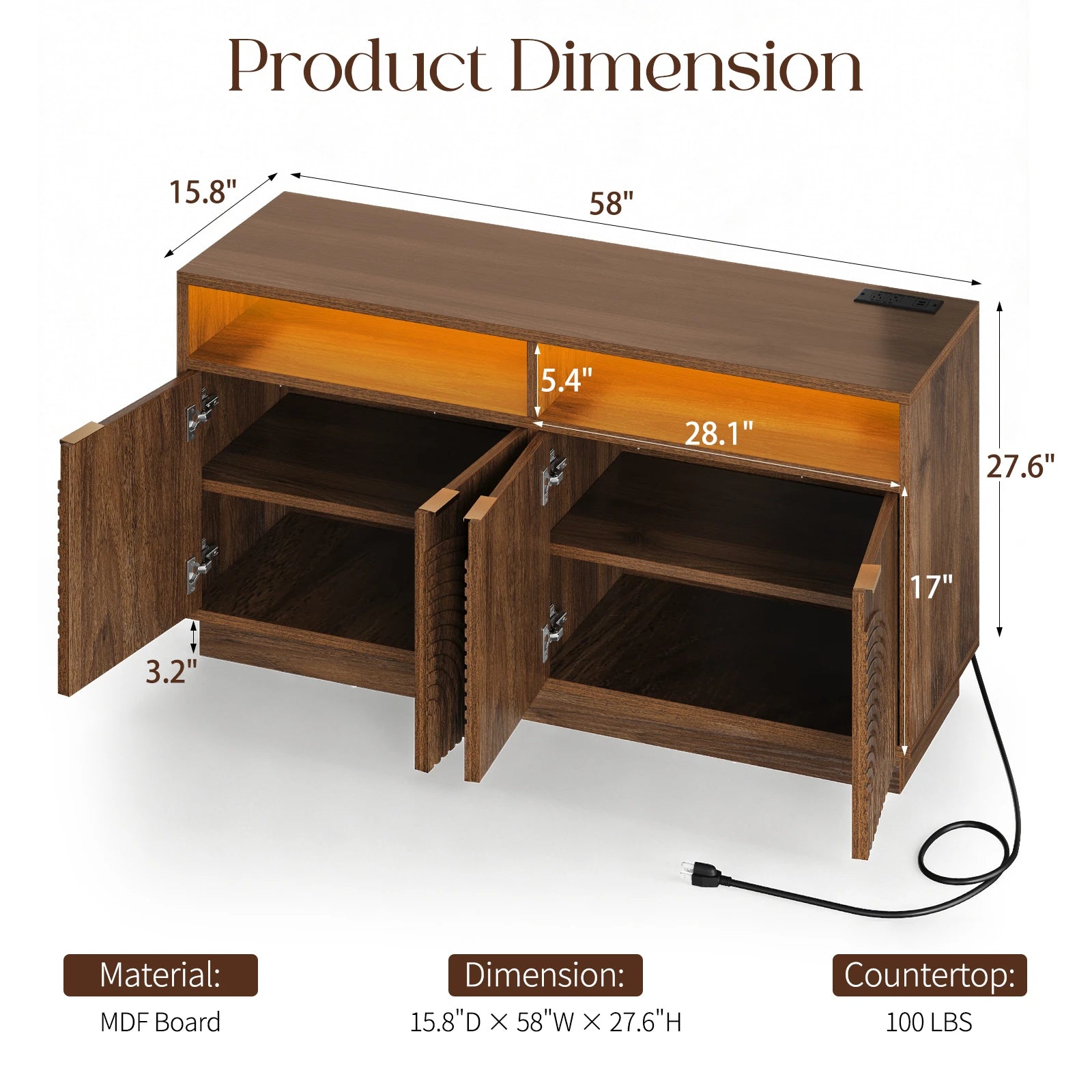 CURLA 58" Fluted TV Stand with Power Outlet, LED TV Stands with Storage &amp; Adjustable Shelf, Entertainment Center  for Living Room, Mid Century