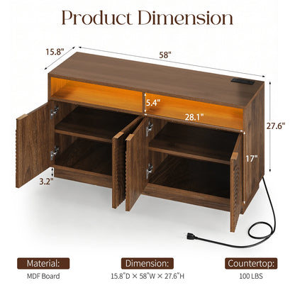 CURLA 58" Fluted TV Stand with Power Outlet, LED TV Stands with Storage &amp; Adjustable Shelf, Entertainment Center  for Living Room, Mid Century