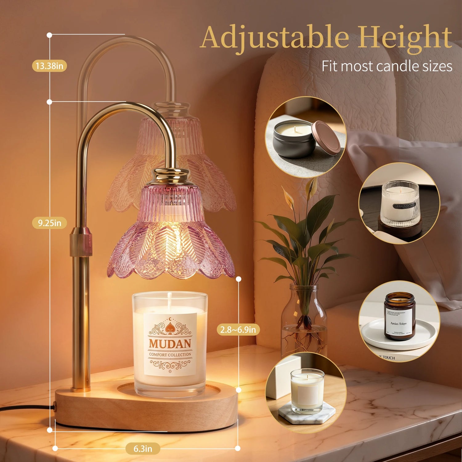 Maliowa Candle Warmer Lamp with Timer Dimmable, Electric Candle Warmer with Adjustable Height, Gifts for Women Mother&