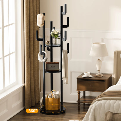 Rotary Coat Rack Freestanding, Solid Wood Coat Tree with 9 Hooks &amp; 3 Open Shelves for Corner, Entryway, Hall Tree for Purse, Bag, Jacket, Hat
