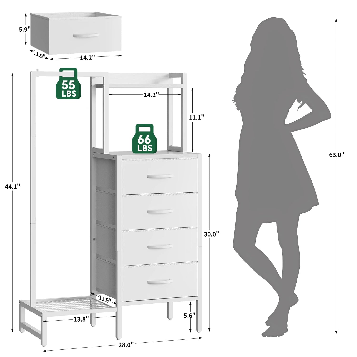 Yoob Small Dresser with Hanging Rack - Small Closet with 4 Fabric Storage Drawers, Chest of Drawer for Bedroom Entryway Dorm