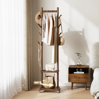 Solid Wood Coat Rack Freestanding, Rolling Clothes Rack with Wheels, Clothing Rack with 8 Hooks &amp; Shelevs, Clothing Racks for Hanging Clothes