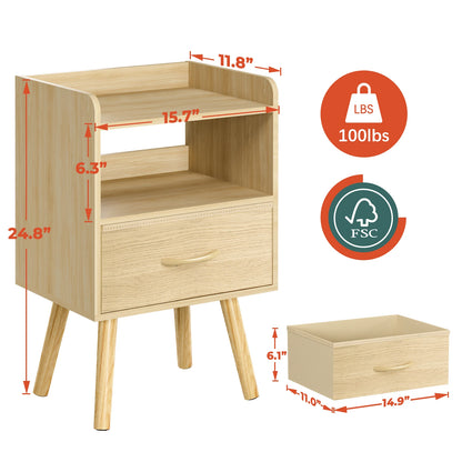 Yoob Night Stand with Fabric Drawer, Mid Century Modern Nightstand with Open Shelf, Wood Side Table Nightstands, 2-Tier Night Stands for Bedrooms