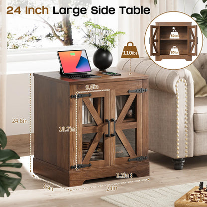 Curlaky Farmhouse Nightstand with Charging Station, Night Stand Side Table with Storage Cabinet, End Table with Adjustable Shelf, Side Tables Bedroom