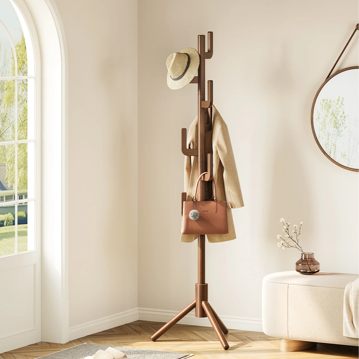 Maliowa Solid Wood Coat Rack Freestanding, Cactus Coat Tree with 8 Hooks for Jacket, Hat, Clothes, Coat Hanger Stand for Hall, Entryway, Bedroom