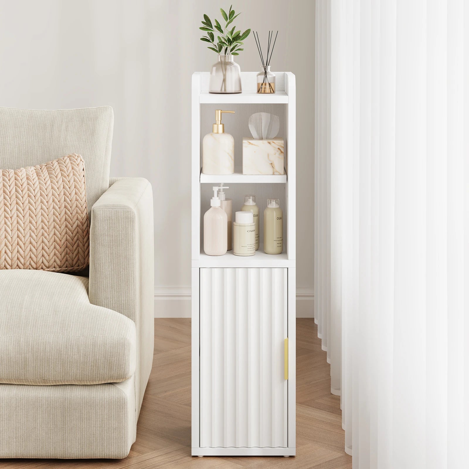 Maliowa Small Bathroom Storage Cabinet, Narrow Bathroom Cabinet with Fluted Door&amp;Adjustable Shelf, Wood Toilet Paper Storage Cabinets for Small Space